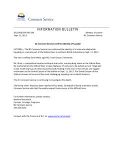 BC Coroners Service confirms identity of kayaker September 13, 2012