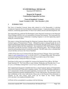 STAMFORD Route 100 Sidewalk Stamford STP EH07(2) Request for Proposals Construction Inspection Services Town of Stamford, Vermont Issued: November 4, 2014