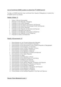 List of Confirmed ASEM Leaders to attend the 9th ASEM Summit: To date, all ASEM partners have confirmed their Heads of Delegations to attend the 9thASEM Summit as follows: Heads of State: [removed].