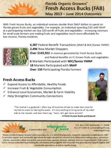 Florida Organic Growers’  Fresh Access Bucks (FAB) May 2013 – June 2014 Outcomes With Fresh Access Bucks, an individual receives double their SNAP dollars to spend on Florida grown fruits and vegetables. For example,