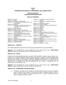 RULES OF TENNESSEE DEPARTMENT OF ENVIRONMENT AND CONSEERVATION CHAPTER[removed]LICENSING AND REGISTRATION TABLE OF CONTENTS