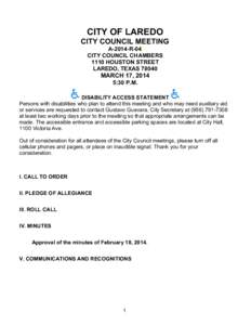         CITY OF LAREDO CITY COUNCIL MEETING A-2014-R-04 CITY COUNCIL CHAMBERS