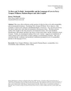 Journal of Sustainability Education Vol. 9, March 2015 ISSN: To Have and To Hold: Sustainability and the Language of Love in Terry Tempest Williams, Pattiann Rogers and Aldo Leopold