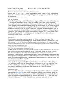 ArtBeat Bulletin May 2015 Pahrump Arts Council +++++++++++++++++++++++++ Reminder: Annual meeting and election of board members Monday, May 11, 2015, 5:30 – 7:30 p.m. at the Sanders Family Winery, 3780 E. 