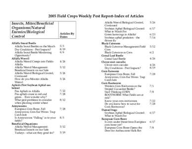 2005 Field Crops Weekly Pest Report-Index of Articles Insects, Mites/Beneficial Organisms/Natural Enemies/Biological Control Alfalfa Snout Beetle