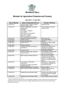 Ministerial Diary1 Minister for Agriculture Fisheries and Forestry 1 April 2013 – 31 April 2013 Date of Meeting 12 April[removed]April 2013