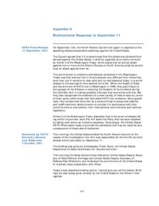 Appendix H Multinational Response to September 11 NATO Press Release 12 September, 2001