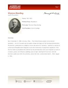 Page 1  Warren Harding 29th President  Terms: [removed]