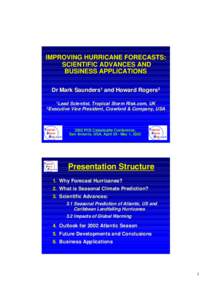 IMPROVING HURRICANE FORECASTS: SCIENTIFIC ADVANCES AND BUSINESS APPLICATIONS Dr Mark Saunders1 and Howard Rogers2 1Lead