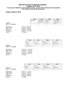 Flips Fall Hoe Down Competition Schedule October 4 & 5, 2014 *If your gym is listed twice, you need two coaches – no coach will be allowed on the competition floor without current USAG membership.  Sunday October 5, 20