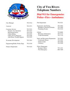 City of Two Rivers Telephone Numbers S  Dial 911 for Emergencies