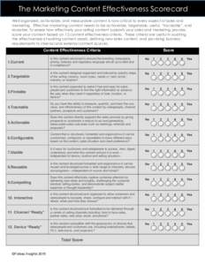 The Marketing Content Effectiveness Scorecard Well organized, actionable, and measurable content is now critical to every aspect of sales and marketing. Effective marketing content needs to be actionable, targetable, use