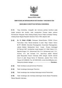 PUTUSAN Nomor 6/PUU-V/2007 DEMI KEADILAN BERDASARKAN KETUHANAN YANG MAHA ESA MAHKAMAH KONSTITUSI REPUBLIK INDONESIA  [1.1]