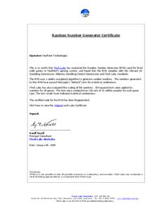 Random Number Generator Certificate  Operator: NeoPoint Technologies
