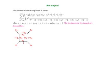 Box integrals The definition of the box integrals are as follows {D} I4 (p21 , p22 , p23 , p24 ; (p1 + p2 )2 , (p2 + p3 )2 ; m21 , m22 , m23 , m24 ) = Z