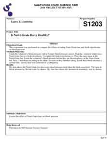 CALIFORNIA STATE SCIENCE FAIR 2014 PROJECT SUMMARY Name(s)  Laura A. Contreras