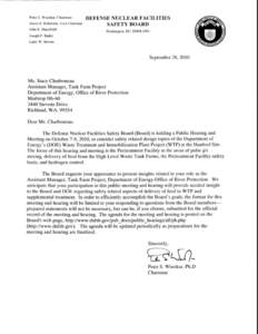 September 28, 2010 Letter, Chairman Peter S. Winokur to Ms. Stacy Charboneau, Assistant Manager, Tank Farm Project, DOE Office of River Protection, re: Requesting Appearance at the Public Hearing and Meeting on October 7