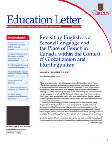 Education Letter A publication of the Faculty of Education and the Education Alumni Committee Revisiting English … The Ontario Secondary School Literacy Test and