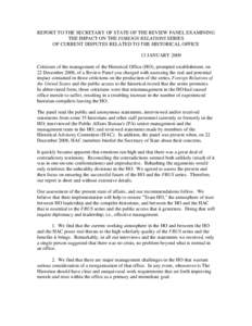 Report to the Secretary of State of the Review Panel Examining the Impact on the Foreign Relations Series of Current Disputes Related to the Historical Office