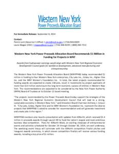 For Immediate Release: September 8, 2014 Contact: Pamm Lent (Governor’s Office) | [removed] | ([removed]Laura Magee (ESD) | [removed] | ([removed] | ([removed]Western New York Power Procee