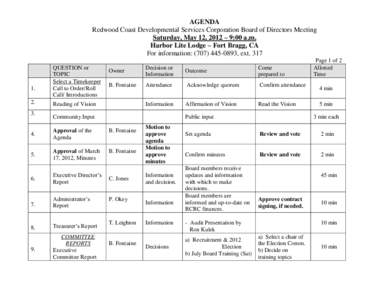 AGENDA Redwood Coast Developmental Services Corporation Board of Directors Meeting Saturday, May 12, 2012 – 9:00 a.m. Harbor Lite Lodge – Fort Bragg, CA For information: ([removed], ext. 317