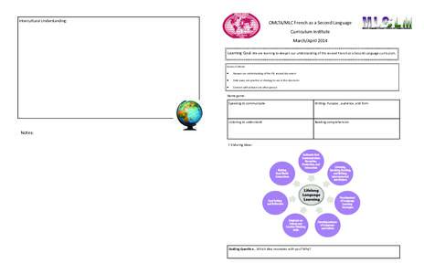 Intercultural Understanding:   OMLTA/MLC French as a Second Language  Curriculum Ins tute  March/April 2014  Learning Goal: We are learning to deepen our understanding of the revised French as a