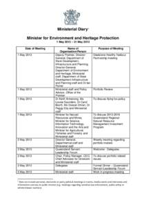 Ministerial Diary1 Minister for Environment and Heritage Protection 1 May 2013 – 31 May 2013 Date of Meeting  2 May 2013