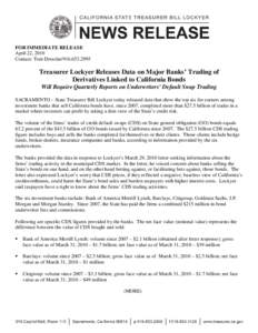FOR IMMEDIATE RELEASE April 22, 2010 Contact: Tom Dresslar[removed]Treasurer Lockyer Releases Data on Major Banks’ Trading of Derivatives Linked to California Bonds