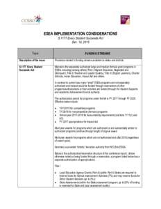 ESEA IMPLEMENTATION CONSIDERATIONS S.1177 Every Student Succeeds Act Dec. 14, 2015 Topic:  FUNDING STREAMS