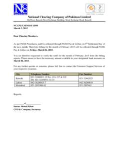 National Clearing Company of Pakistan Limited 8th Floor, Karachi Stock Exchange Building, Stock Exchange Road, Karachi NCCPL/CM/MARMarch 5, 2015