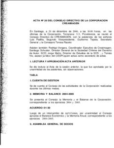 ACTA Nº 20 DEL CONSEJO DIRECTIVO DE LA CORPORACION CREAIMAGEN En Santiago, a 20 de diciembre de 2006, a las 18:00 horas, en las oficinas de la Corporación, Terranova 315, Providencia, se reunió el Consejo Directivo de