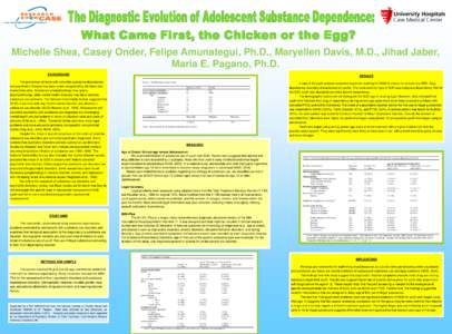 Michelle Shea, Casey Onder, Felipe Amunategui, Ph.D., Maryellen Davis, M.D., Jihad Jaber, Maria E. Pagano, Ph.D. BACKGROUND The prevalence of teens with comorbid substance dependence and psychiatric illnesses has been un