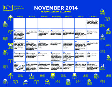 NOVEMBER 2014 READING ACTIVITY CALENDAR Sunday Monday