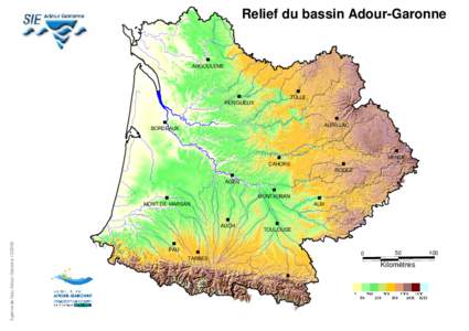 Relief du bassin Adour-Garonne  ANGOULEME TULLE PERIGUEUX