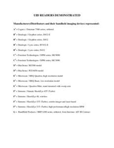 UID READERS DEMONSTRATED Manufacturers/Distributors and their handheld imaging devices represented: A1 = Cognex / Dataman 7500 series, tethered B1 = Datalogic / Gryphon series, D432-E B2 = Datalogic / Gryphon series, D43