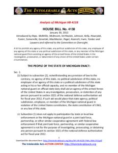 Analysis of Michigan HB-4138 HOUSE BILL No[removed]January 30, 2013 Introduced by Reps. McMillin, McBroom, VerHeulen, Johnson, Kelly, Howrylak, Foster, Somerville, Genetski, MacMaster, Pagel, Ananich, Irwin, Yonker and Lau