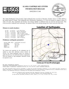 ALASKA EARTHQUAKE CENTER INFORMATION RELEASE[removed]:46 The Alaska Earthquake Center located a light earthquake that occurred on Thursday, October 2nd at 1:33 PM AKDT in the central region of Alaska. This earthquak