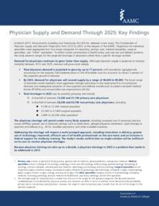 Physician Supply and Demand Through 2025: Key Findings In March 2015, the economic modeling and forecasting firm IHS Inc. released a new study, The Complexities of Physician Supply and Demand: Projections from 2013 to 20