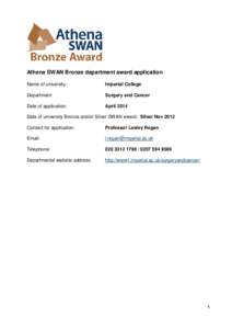 Athena SWAN Bronze department award application Name of university: Imperial College  Department: