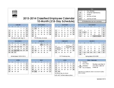 Key[removed]Classified Employee Calendar 10-Month (218-Day Schedule) AUGUST S