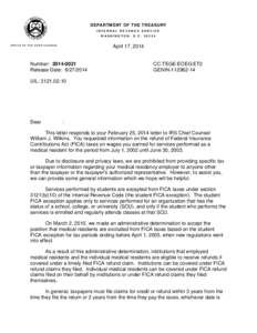 DEPARTMENT OF THE TREASURY INTERNAL REVENUE SERVICE WASHINGTON, D.C[removed]OFFICE OF THE CHIEF COUNSEL  Number: [removed]