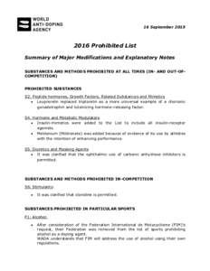 16 SeptemberProhibited List Summary of Major Modifications and Explanatory Notes SUBSTANCES AND METHODS PROHIBITED AT ALL TIMES (IN- AND OUT-OFCOMPETITION) PROHIBITED SUBSTANCES