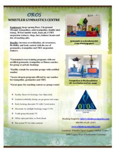 OROS WHISTLER GYMNASTICS CENTRE Equipment: large sprung floor, 2 in-ground Olympic trampolines, mini trampoline, double mini tramp, 30 foot tumble track, foam pit, 6 TRX suspension trainers, rings, bars, balance beams an
