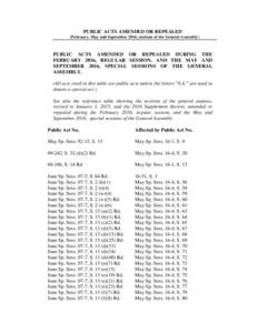 PUBLIC ACTS AMENDED OR REPEALED (February, May and September 2016, sessions of the General Assembly) PUBLIC ACTS AMENDED OR REPEALED DURING THE FEBRUARY 2016, REGULAR SESSION, AND THE MAY AND SEPTEMBER 2016, SPECIAL SESS