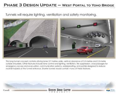 Phase 3 Design Update – West Portal to Yoho Bridge April 15, 2008 Tunnels will require lighting, ventilation and safety monitoring.  This long tunnel concept contains driving lanes 3.7 metres wide, vertical clearance o