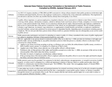 Selected State Policies Governing Termination or Garnishment of Public Pensions Compiled by NASRA, Updated February 2015 Alabama  Act[removed]requires members of TRS, ERS and JRF convicted of a felony offense related to