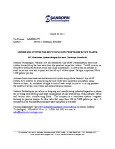 March 10, 2011 For Release: IMMEDIATE Contact: Steven R. Friedman, President  MEMBRANE SYSTEM FOR RECYCLING DYE PENETRANT RINCE WATER