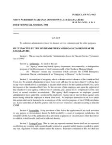 PUBLIC LAW NO[removed]NINTH NORTHERN MARIANAS COMMONWEALTH LEGISLATURE H. B. NO[removed], S. D. 1 FOURTH SPECIAL SESSION, 1994  AN ACT