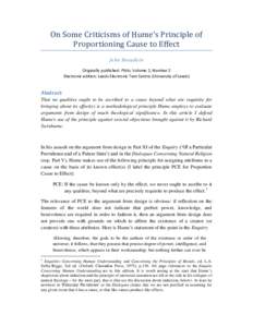On Some Criticisms of Hume’s Principle of Proportioning Cause to Effect John Beaudoin Originally published: Philo, Volume 2, Number 2 Electronic edition: Leeds Electronic Text Centre (University of Leeds)