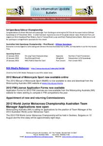 Club Information Update Bulletin Release Number 116 – Friday 13 January 2012 News